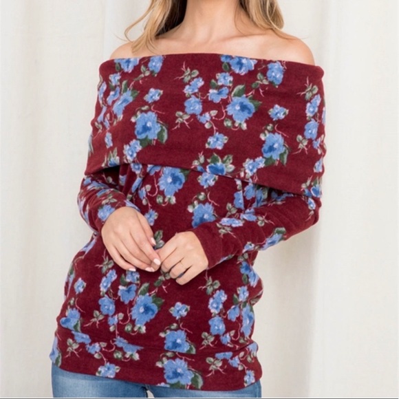 NWT- Extremely Soft “Cherish” Floral Off the Shoulder Sweater - Picture 3 of 5